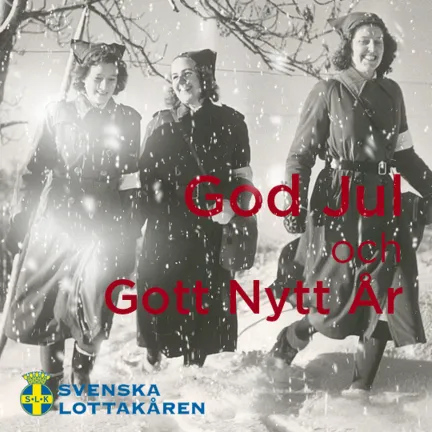 Gammaldags svartvitfoto på tre lottor med text "God jul och gott nytt år"
