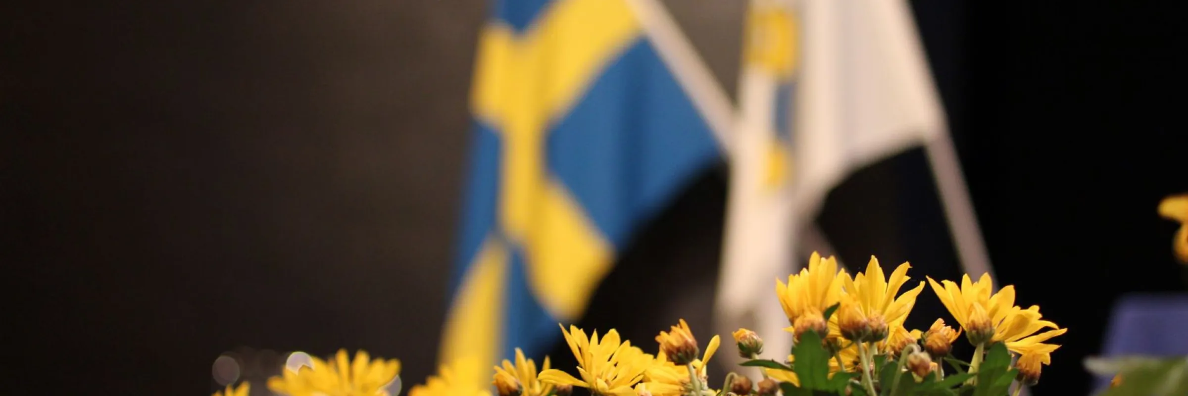Fotografi av en kruka med gula blommor med två flaggor i bakgrunden, dels den blågula svenska flaggan och sedan standardet för Svenska Lottakåren